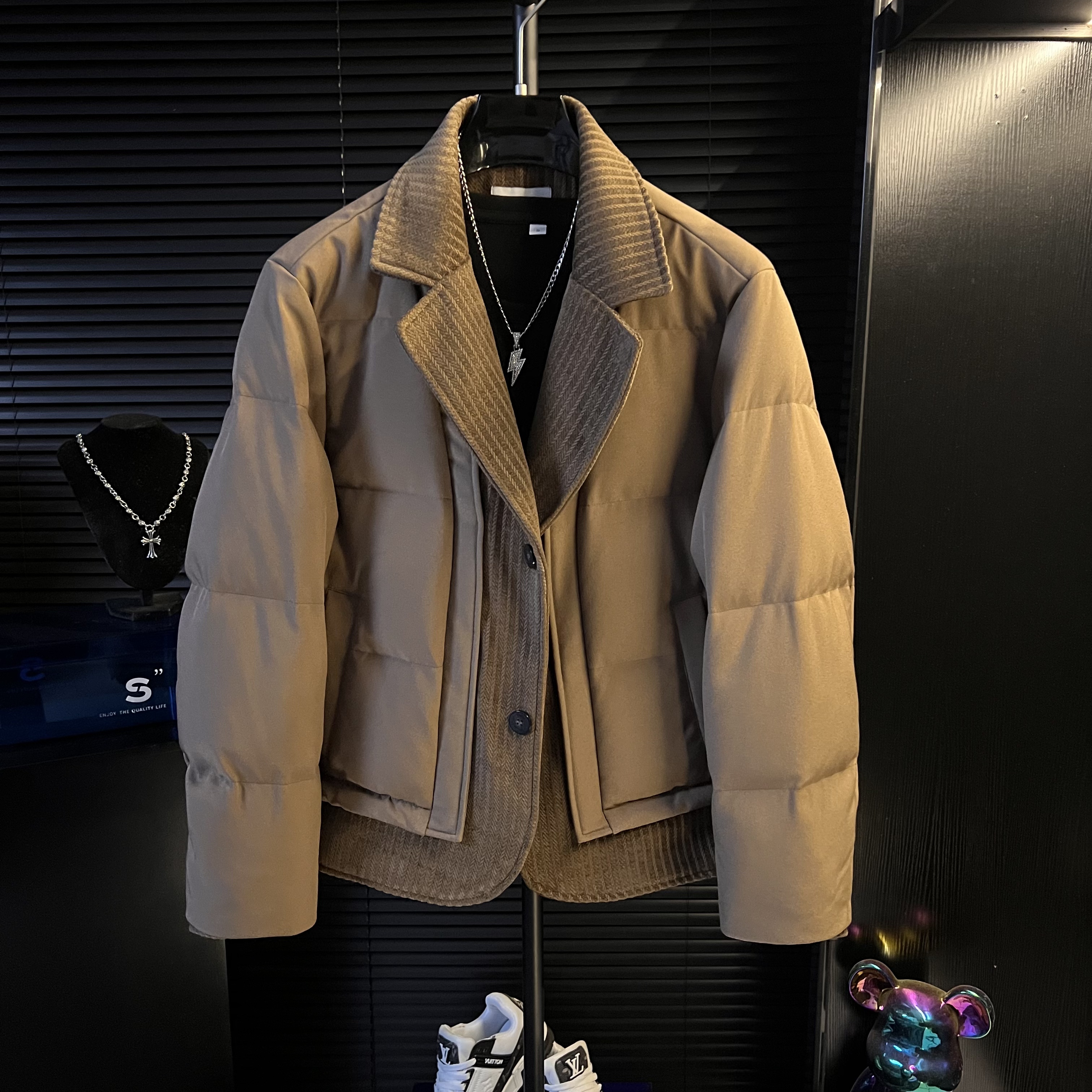 悠悠-25冬季假两件拼接高奢棉服男潮流翻领加厚保暖外套