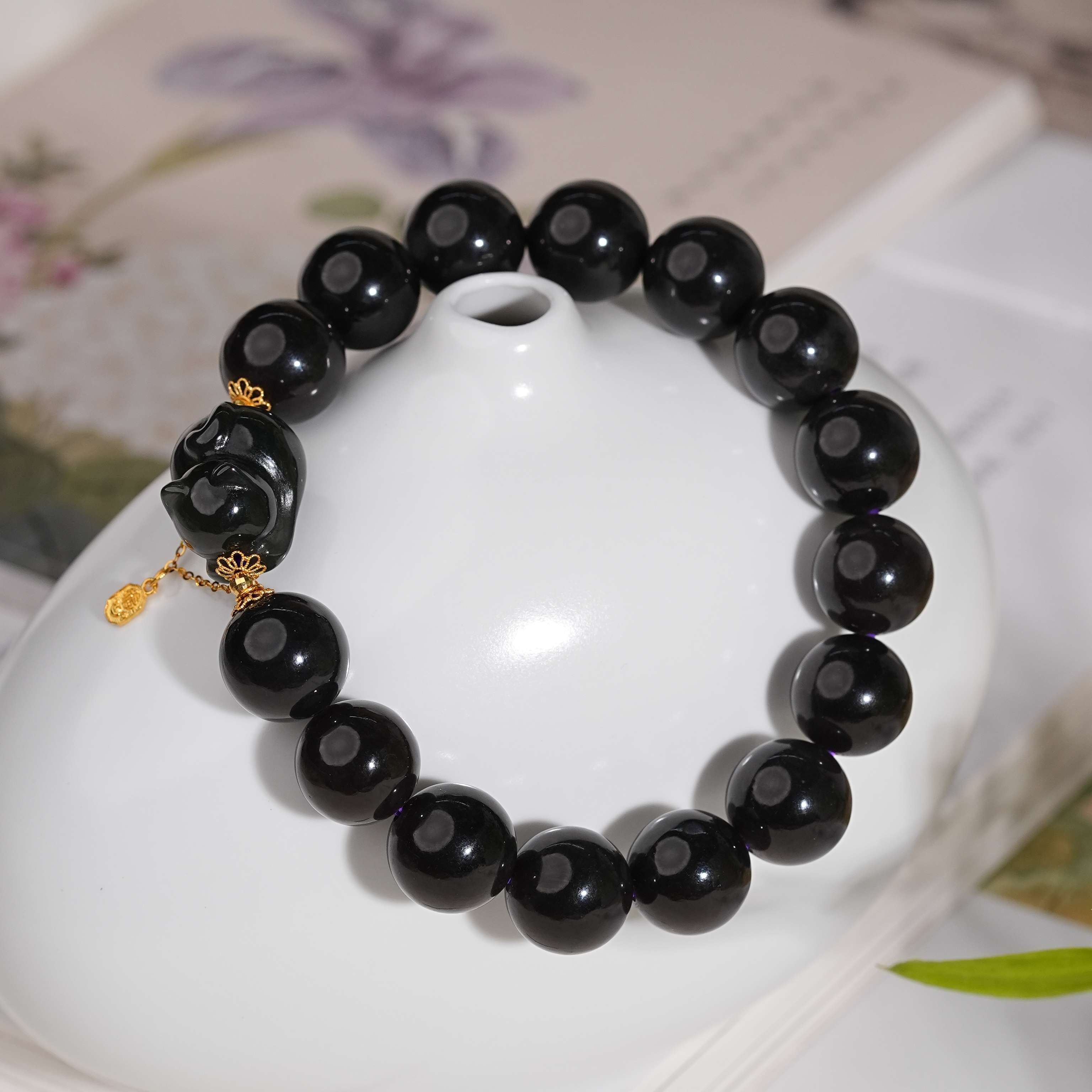 【小涵专属】【紫趴猫】18K和田玉烟紫爬爬猫圆珠手串 多样性发一