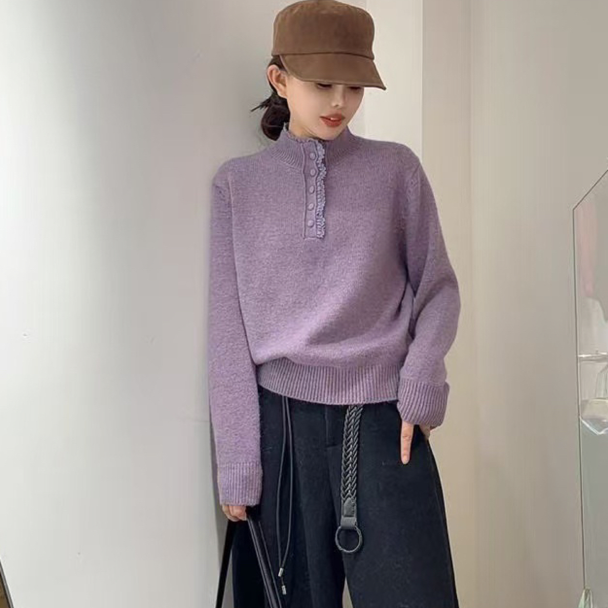 女秋冬宽松半高领长袖针织衫时尚百搭