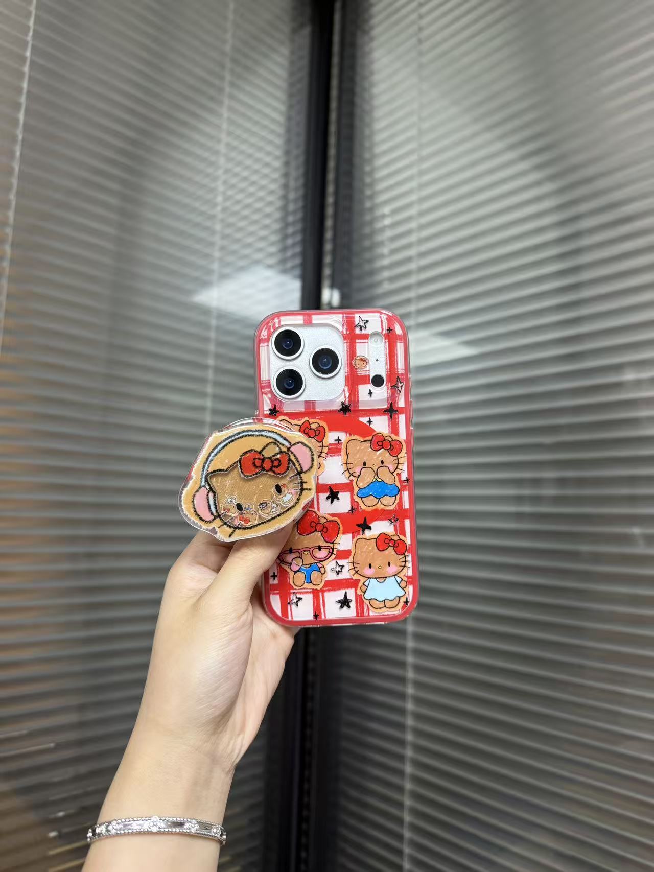 红格子黑皮耳机kt摇摇乐二合一双层磁吸手机壳一套