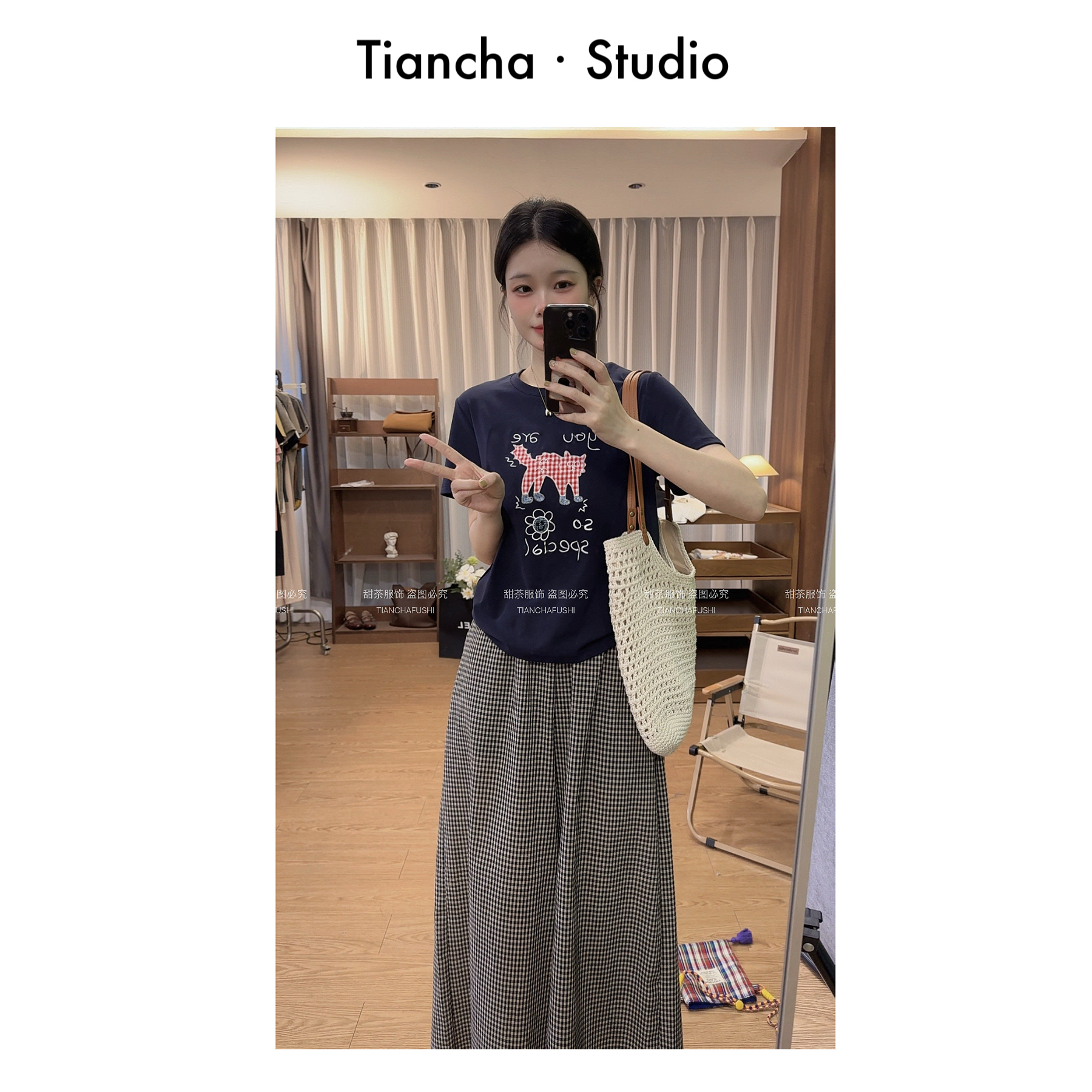 sweet c【格纹猫】AA041#夏季韩系正肩短袖格纹小猫可爱时尚百搭