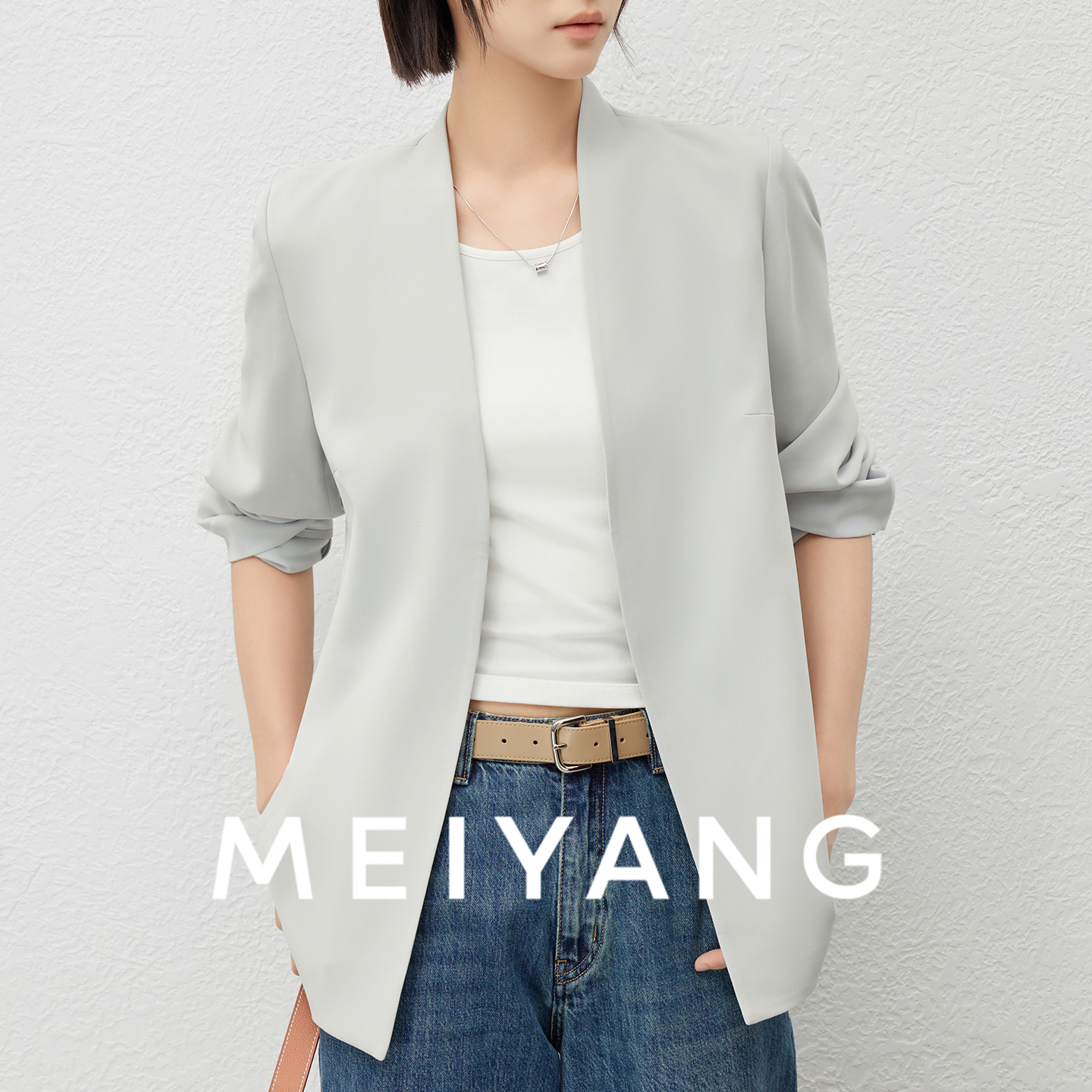 美洋MEIYANG 薄奕三醋酸西装二号 深V无领通勤休闲西服外套