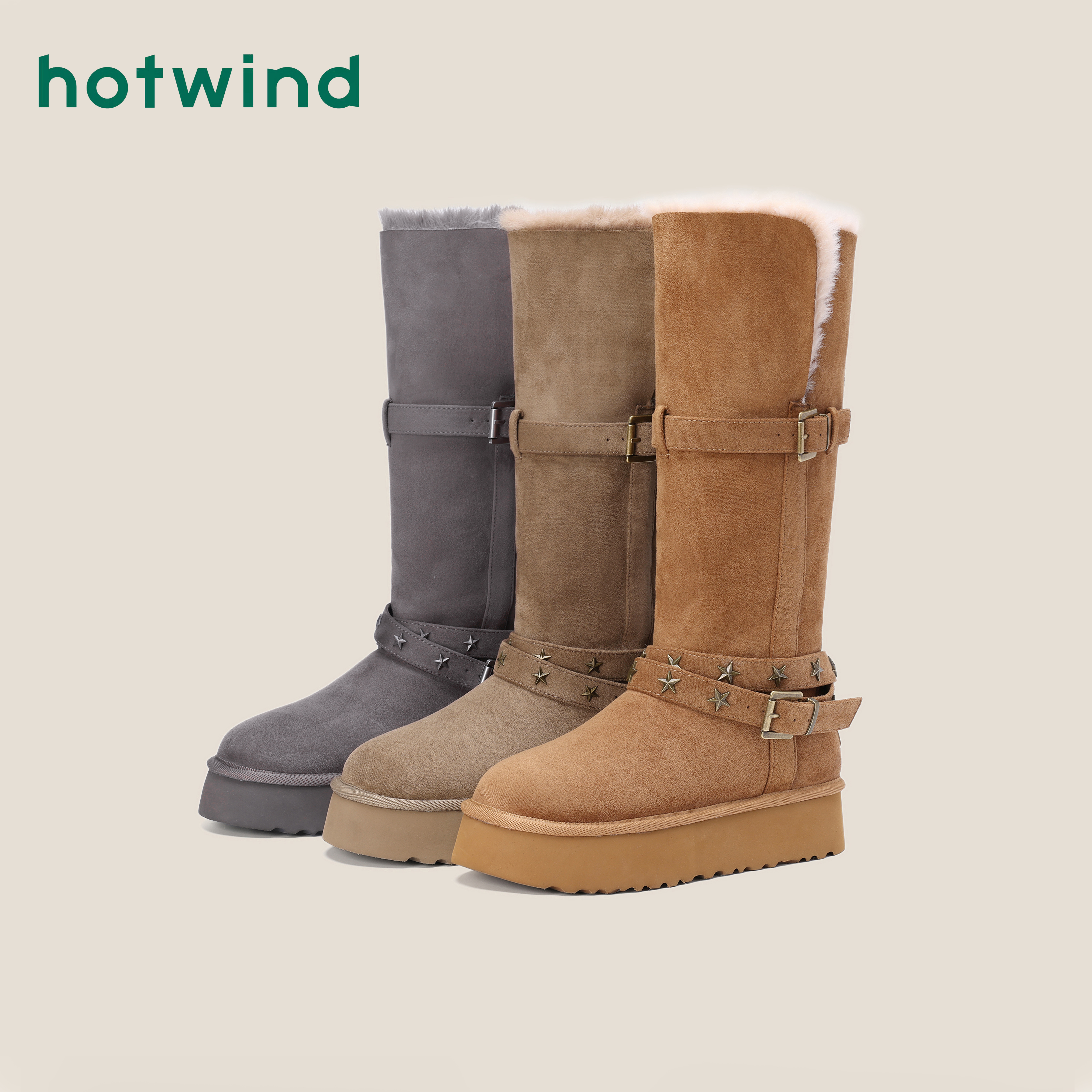 【冬夜之星】热风星星扣式厚底翻折两穿雪地靴女2025冬新款保暖长靴