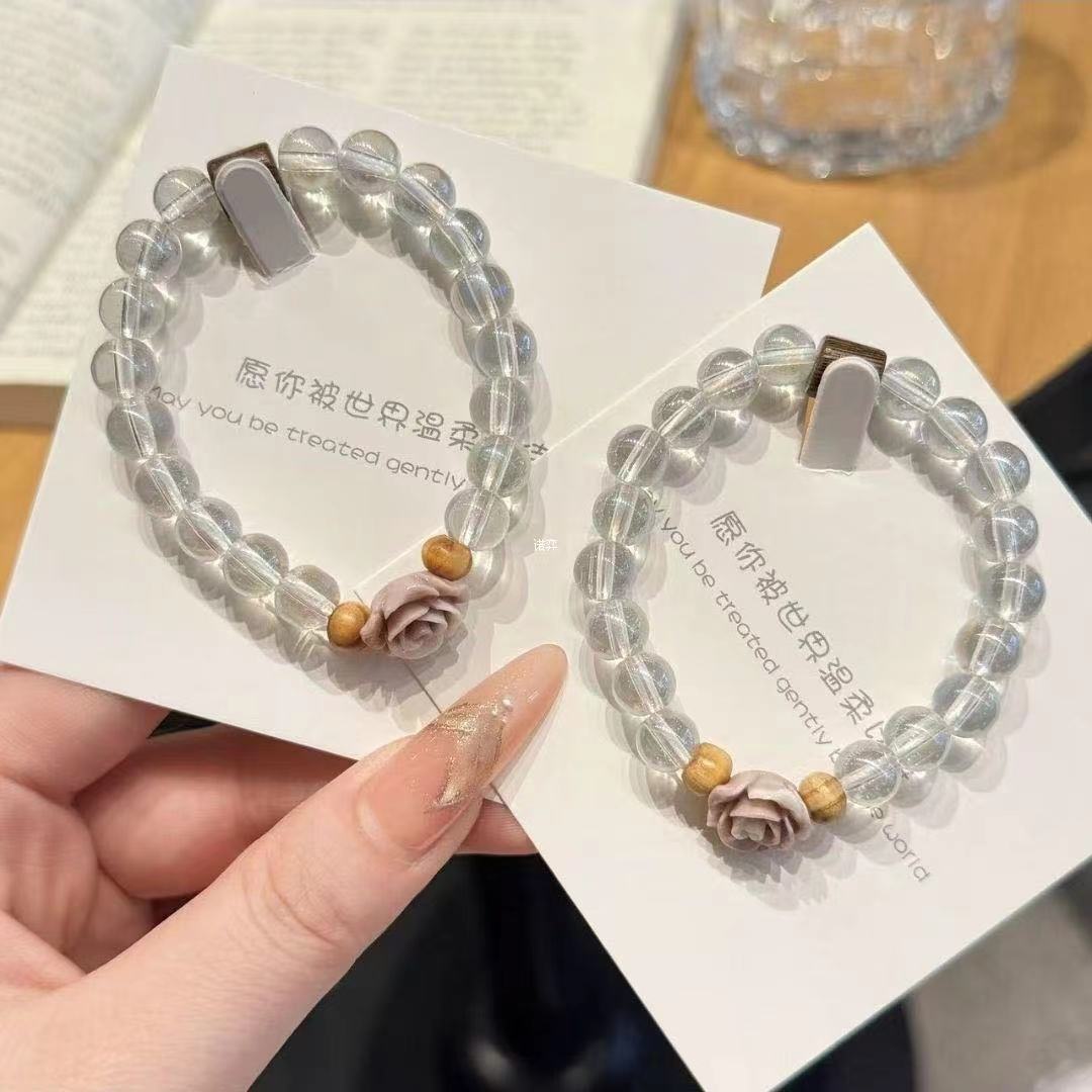 非金属仿水晶手链 清新气质甜美粉雾山茶花手链