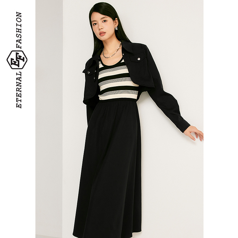 E-EF休闲气质通勤短外套条纹中长款套装裙E1241T0012-BZ-