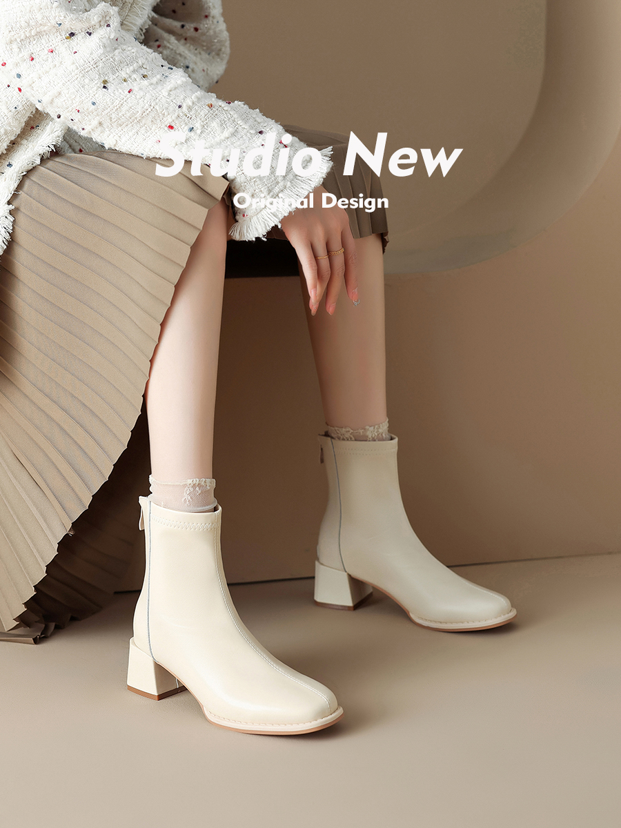 腿精二代~~中跟靴子女方头粗跟短靴春秋法式高跟瘦瘦靴-251622-1