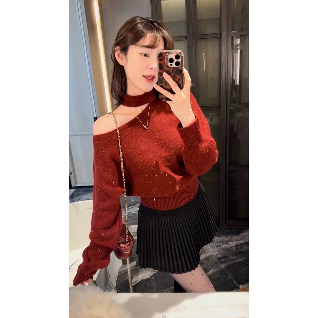 亮片细闪挂脖斜肩毛衣针织衫女软糯收腰保暖打底衫加厚毛衣K2-69
