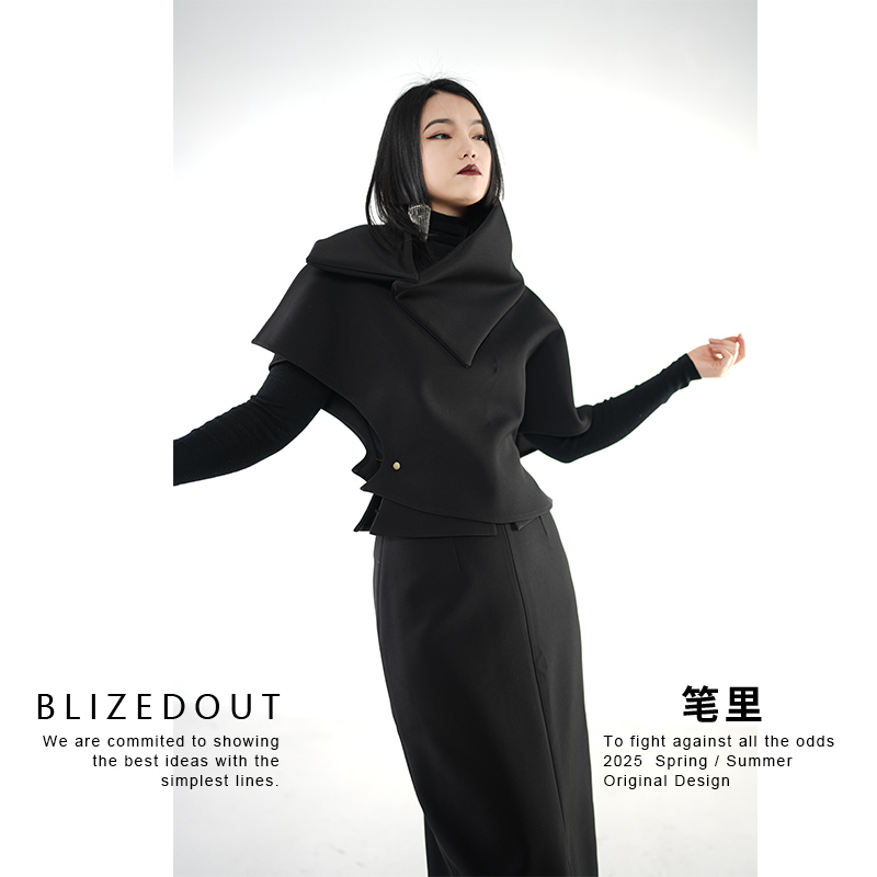 笔里【BLIZEDOUT】独立设计师黑色可拆卸大领套头外搭上衣5120606