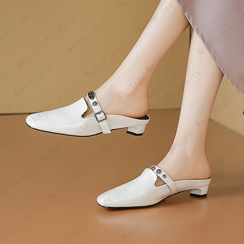 2.5cm 2025春夏新款低跟方头凉拖鞋百搭欧美风真皮粗跟包头穆勒鞋