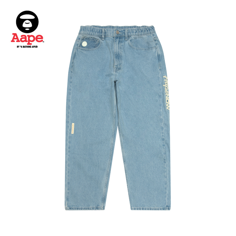 Aape旗舰店男装25春夏猿人徽章字母刺绣宽松水洗牛仔裤B662XBO