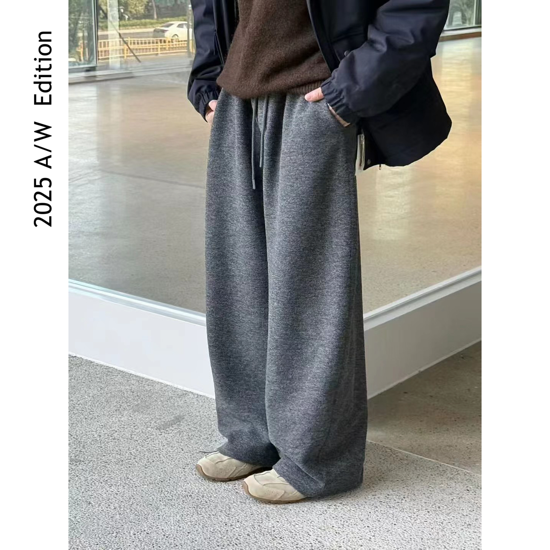 ARUI 2025 A/W (冬季加绒）轻奢老钱风宽松百搭羊毛休闲直筒休闲裤