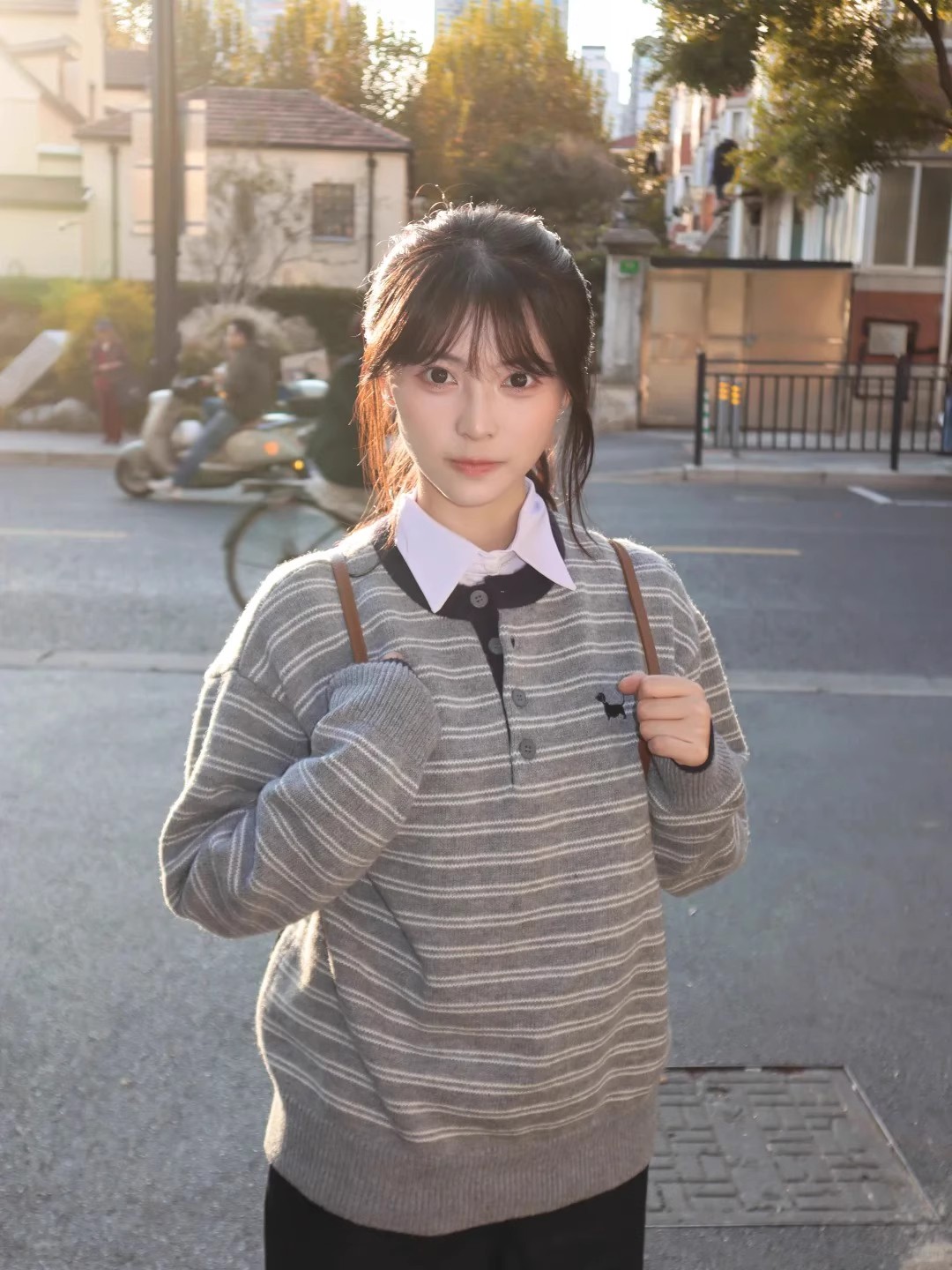 气质百搭排扣设计腊肠狗刺绣经典条纹针织毛衣高级感圆领长袖上衣