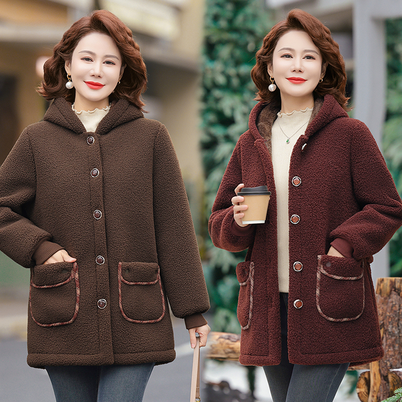 时尚极简风中老年女装中老年妈妈装中长款保暖加厚气质摇粒绒外套