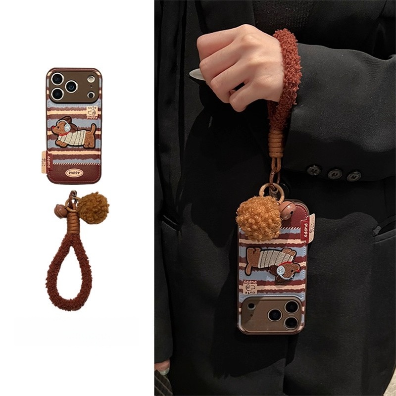 复古蓝棕条纹耳机小狗适用iPhone17promax手机壳苹果16pro新15pro