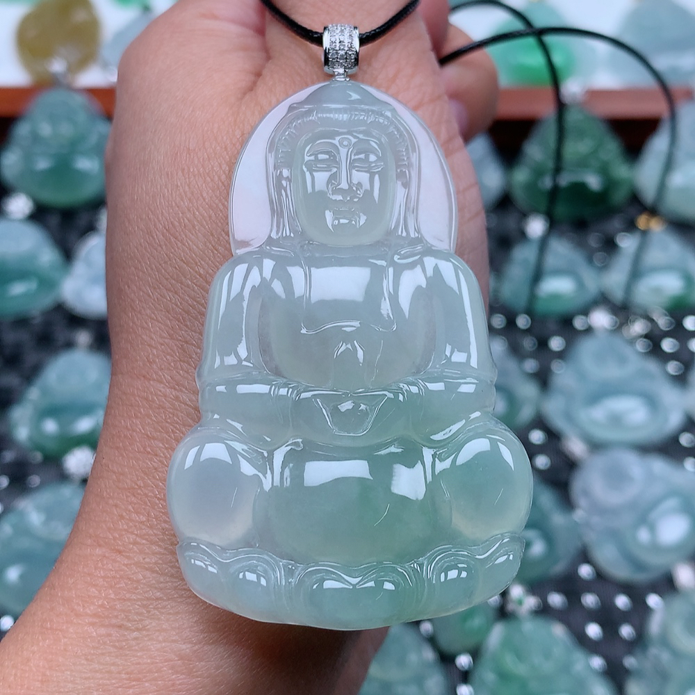 翡翠A货 18k金扣头水润胶感正装观音吊坠 尺寸60.2×37.6×5.9