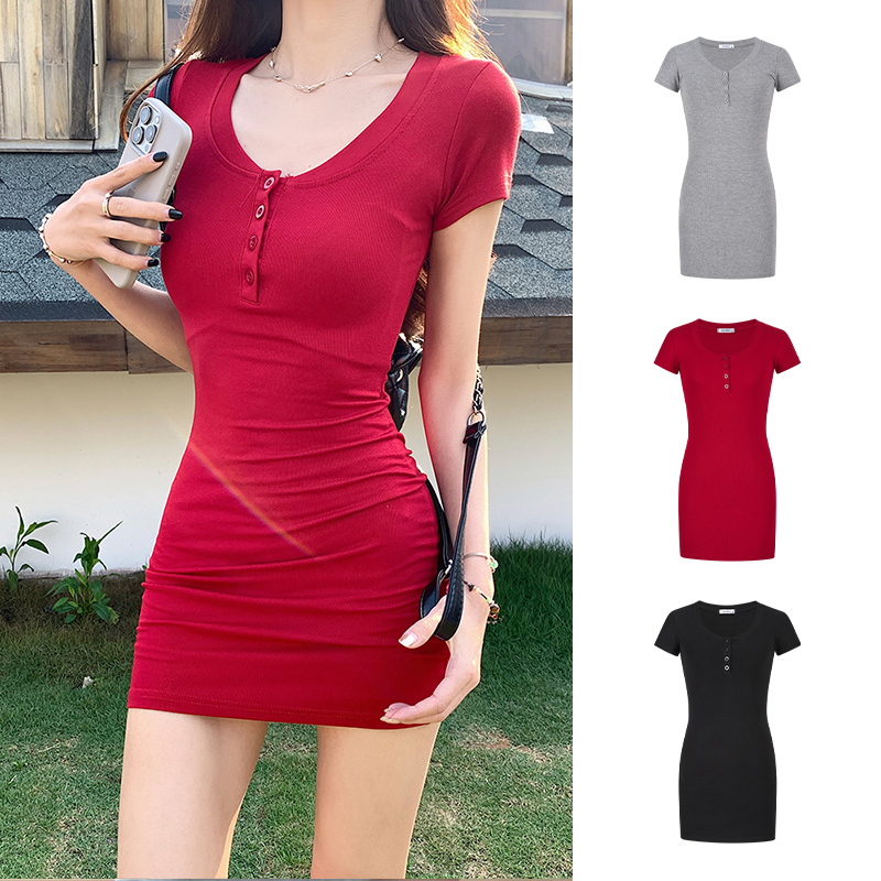 Moses Queen/魔西女王时髦凉感纯欲辣妹半开领连衣裙修身包臀裙子