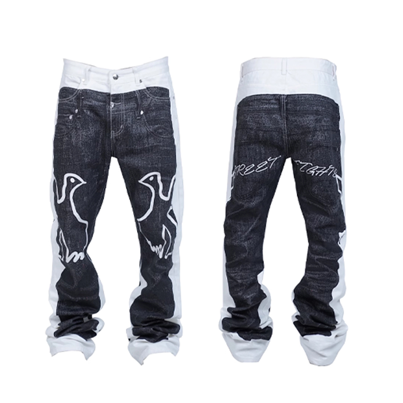 Vinkid（云梯）假两件和平鸽牛仔裤欧美设计师款个性小众国潮牛仔裤