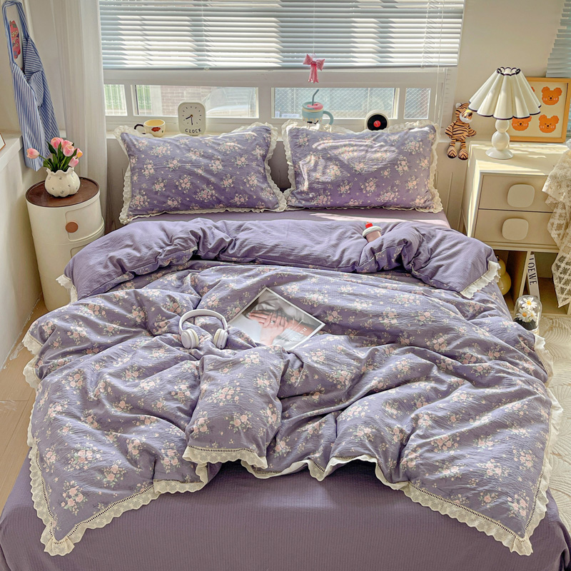 V/雅鹿2025新款云感木棉皱皱纱全棉花边款夏被四件套