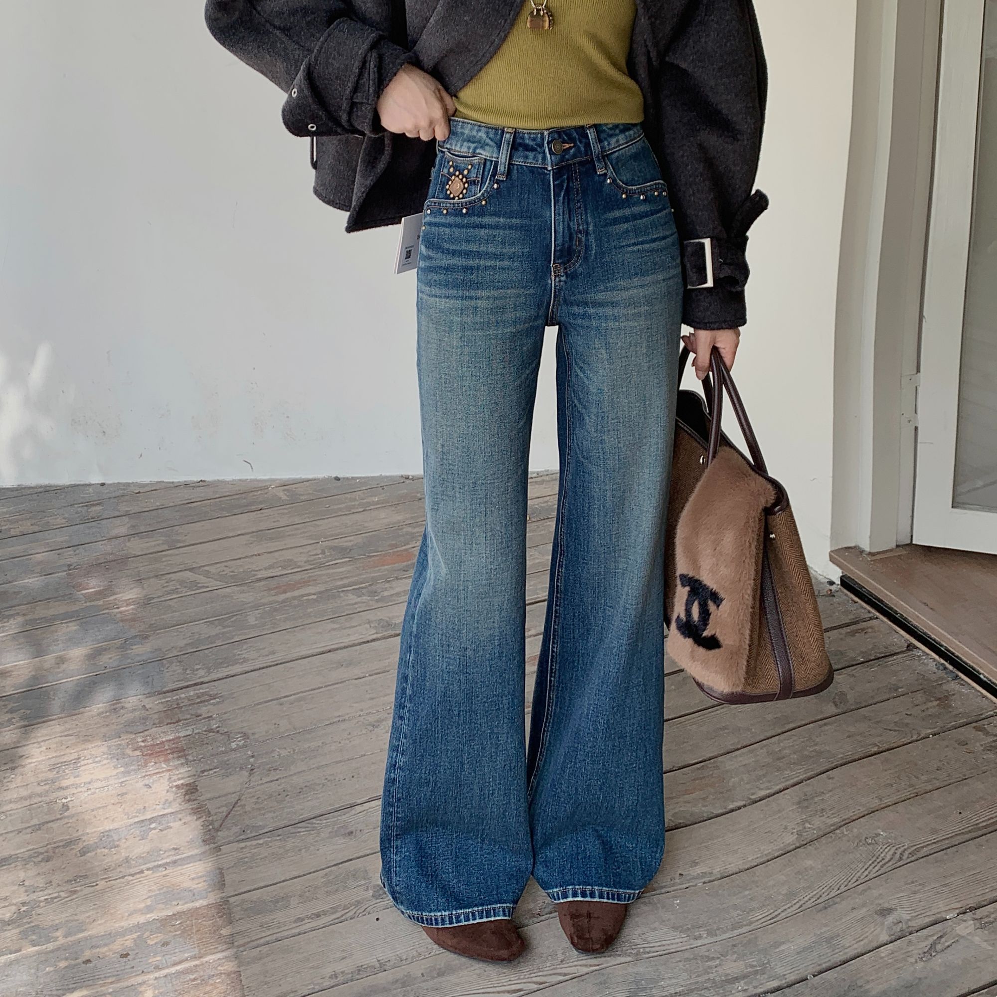 ZZ-31【悠米】牛仔裤女冬季加绒阔腿裤四面弹钉珠工艺气质筒喇裤