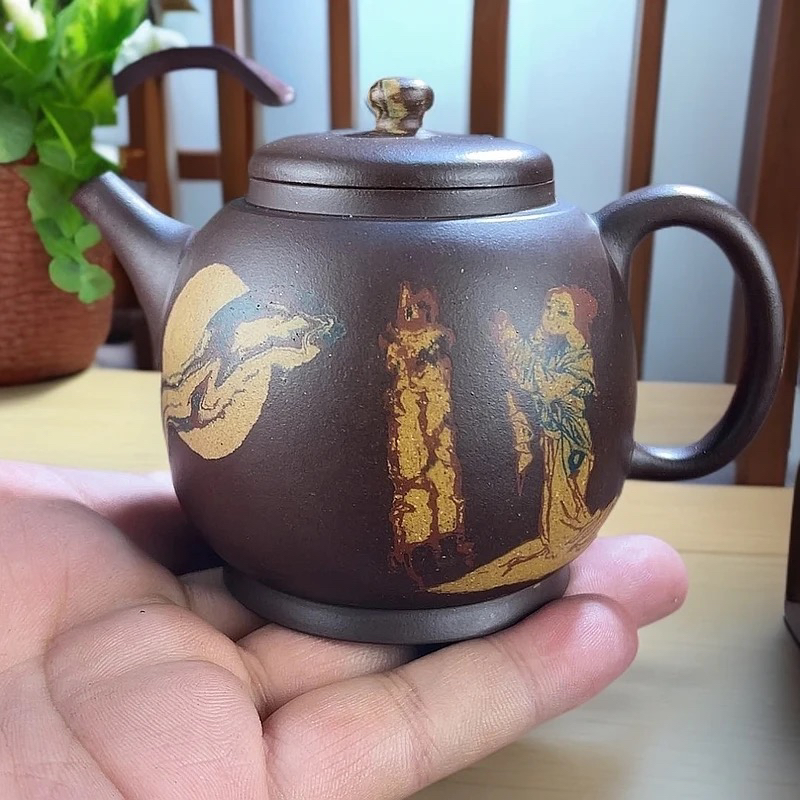 宜兴紫砂里外通绞貂蝉拜月200cc原矿老紫泥