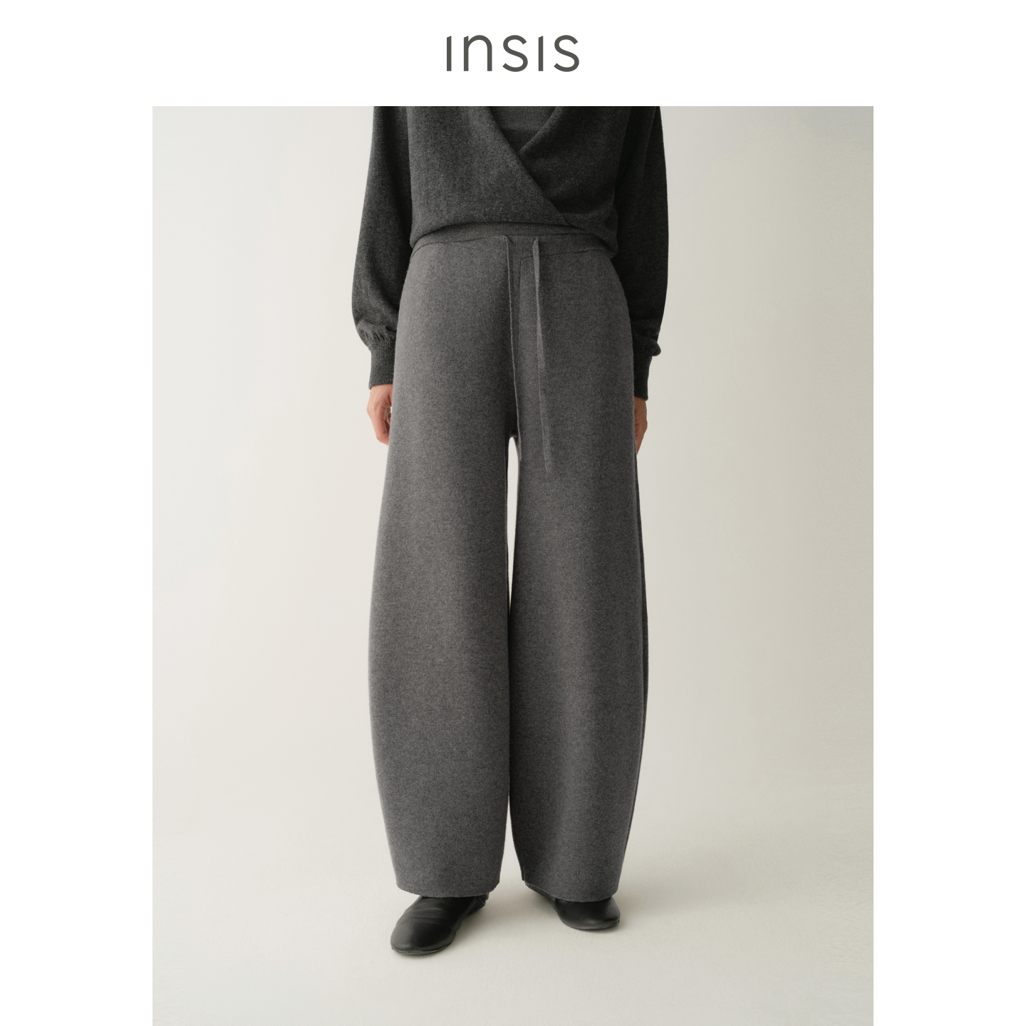 INSIS FEMME简约800g重磅RWS美丽诺绵羊毛2025冬橡筋腰针织弧形裤