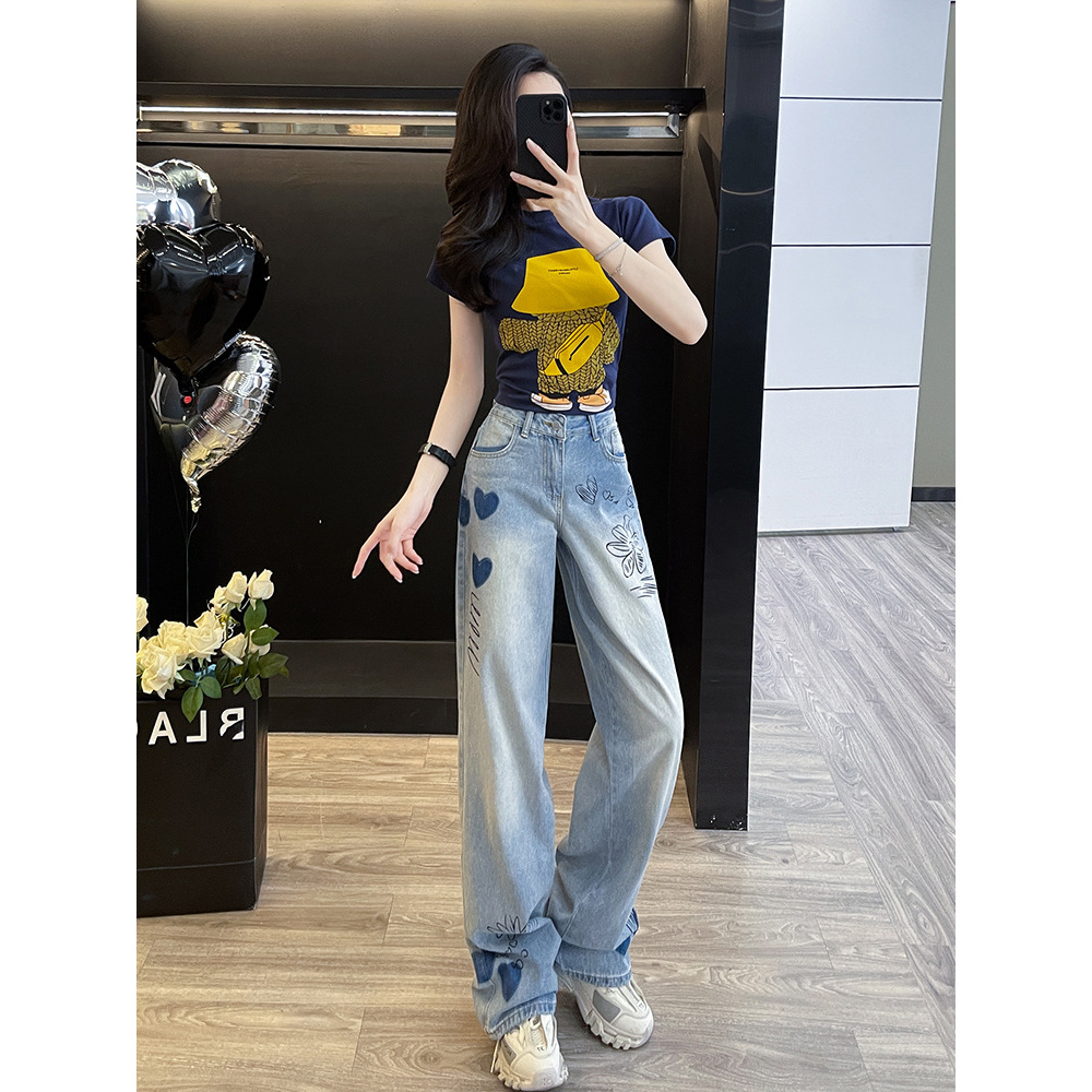 时尚潮流有个性印花短款短袖显瘦上衣复古高腰直筒牛仔裤女装套装