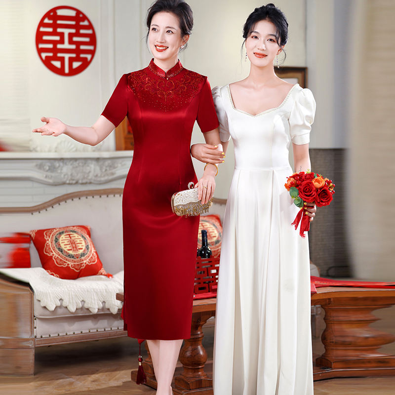 酒红色2025新款高端轻奢高级感旗袍礼服年轻高贵五一喜婆婆婚宴装