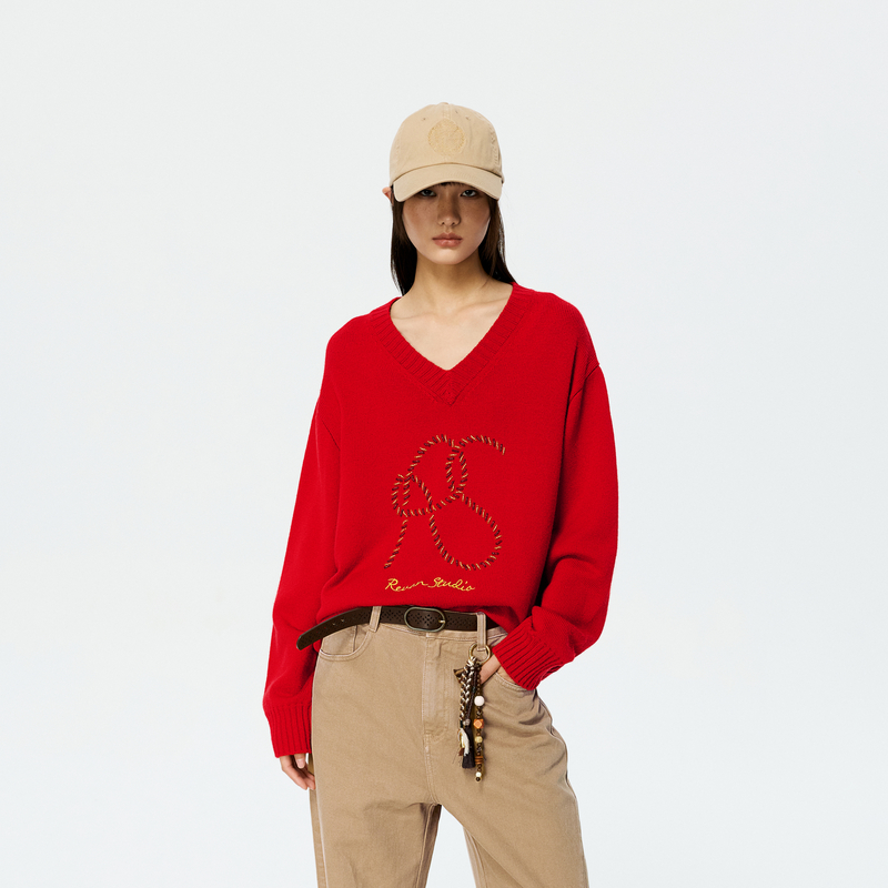 【马上红 系列上新】REVAN芮范金红双色珠子绣花毛衣RK10601229