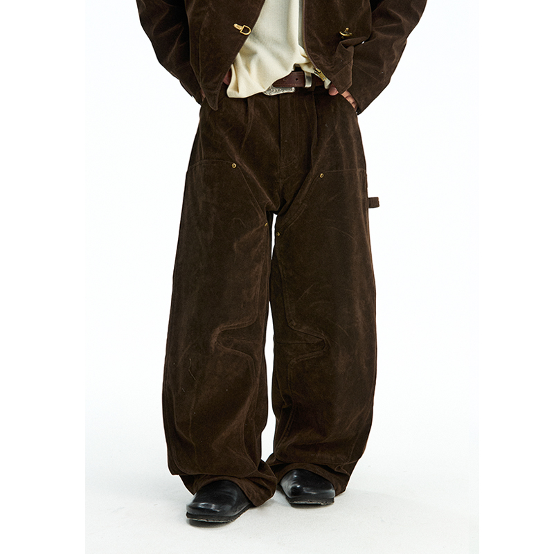 CoosRetro 秋季潮牌男仿麂皮绒铆钉结构伐木裤做旧工艺高级感长裤