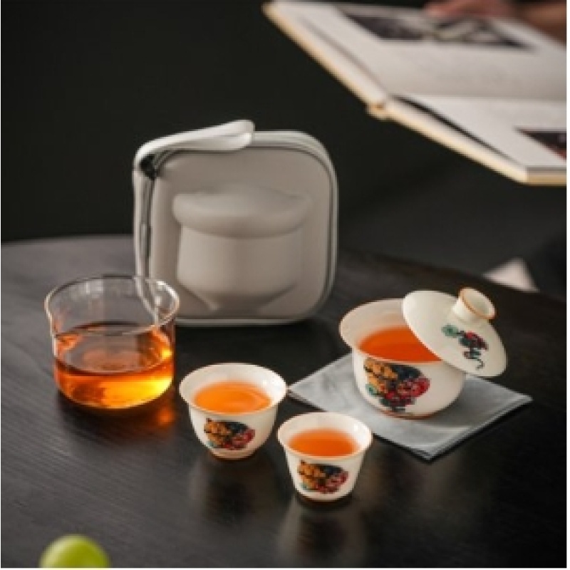 旅行装（猫）盖碗两杯快客+透明包-4651