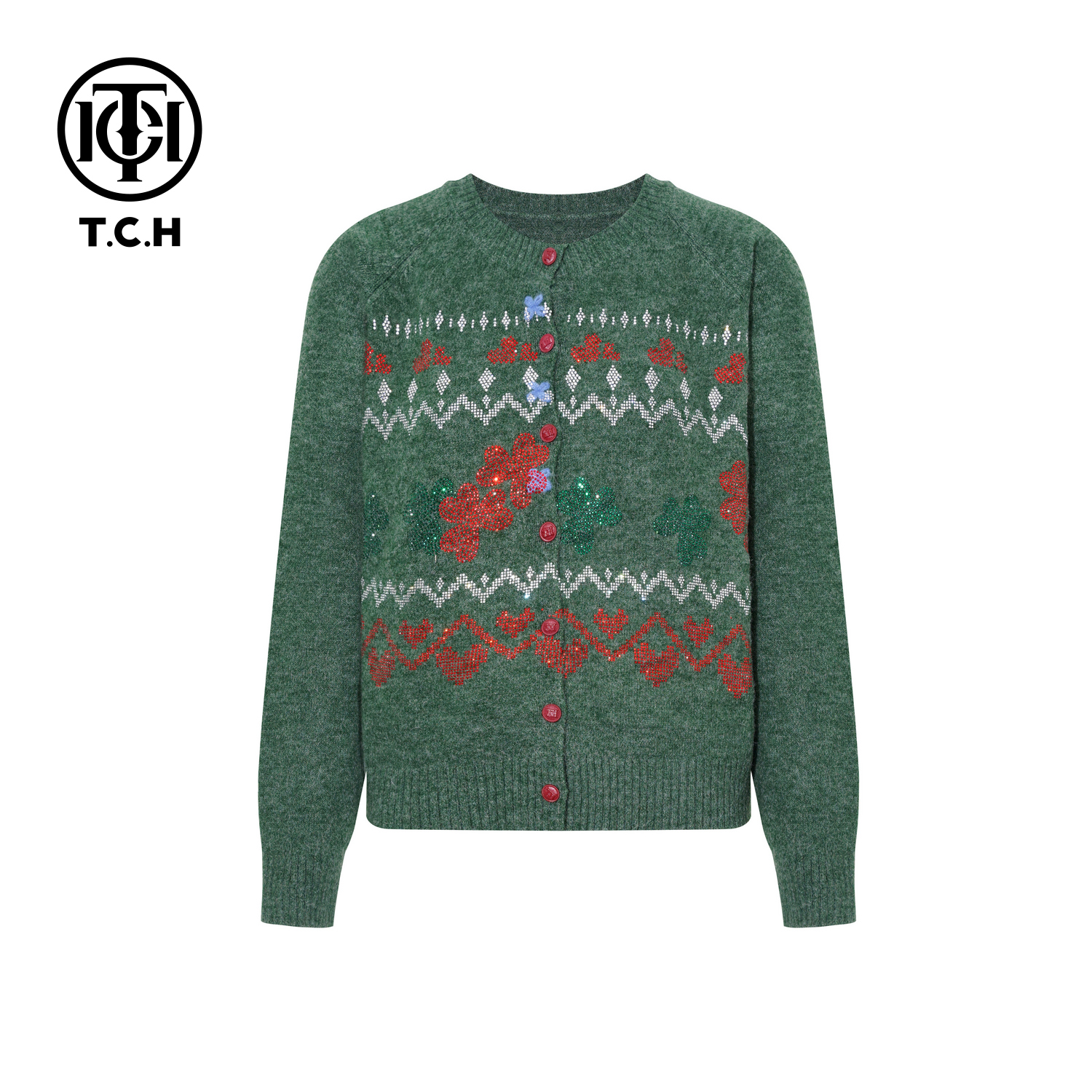 TCH【冬季穿搭】冬款时尚烫钻绿色休闲风女装针织开衫T75D43E1096