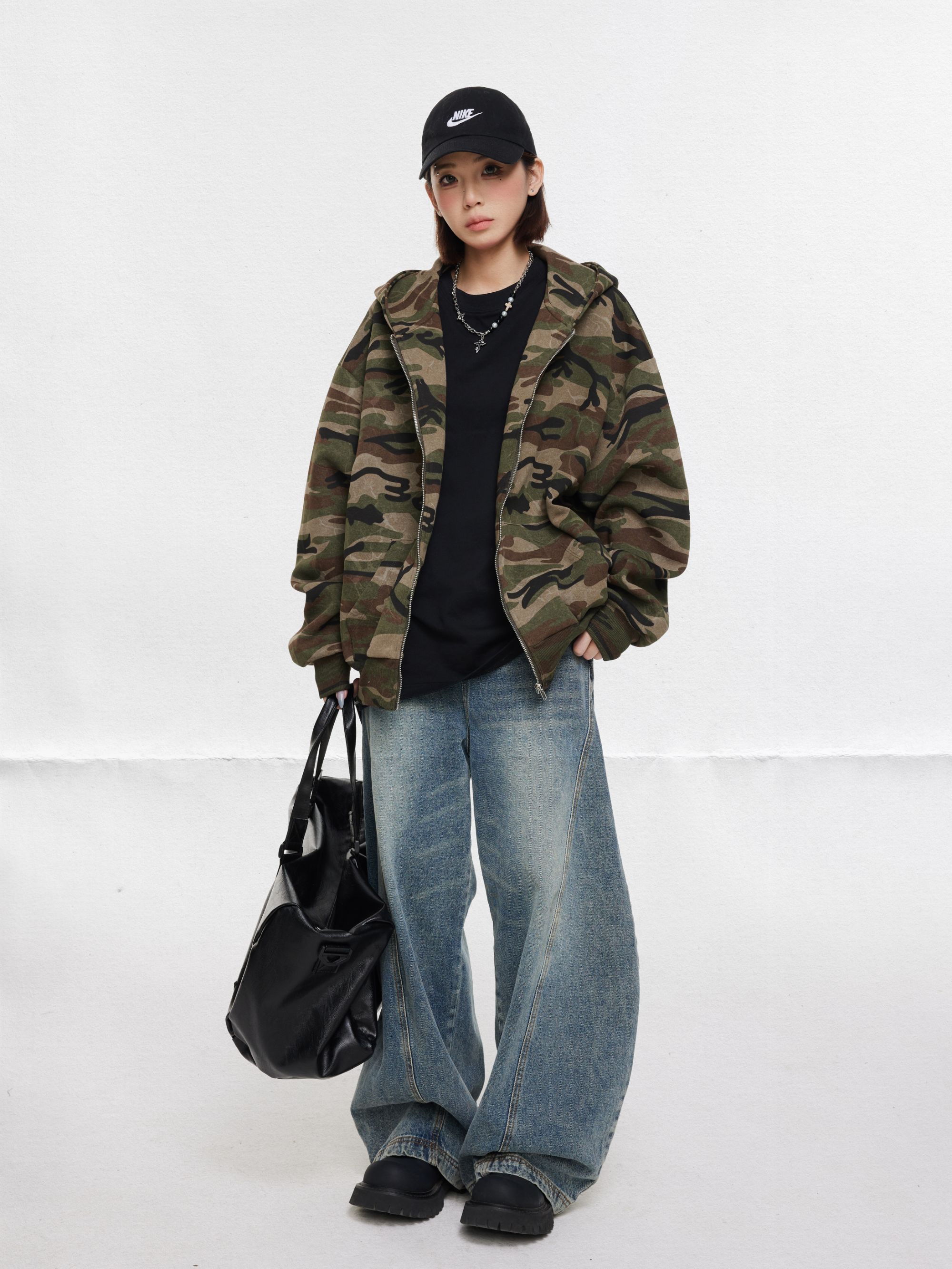 UNOTOBE 美式复古特种兵迷彩街头连帽卫衣拉链开衫外套男女春款