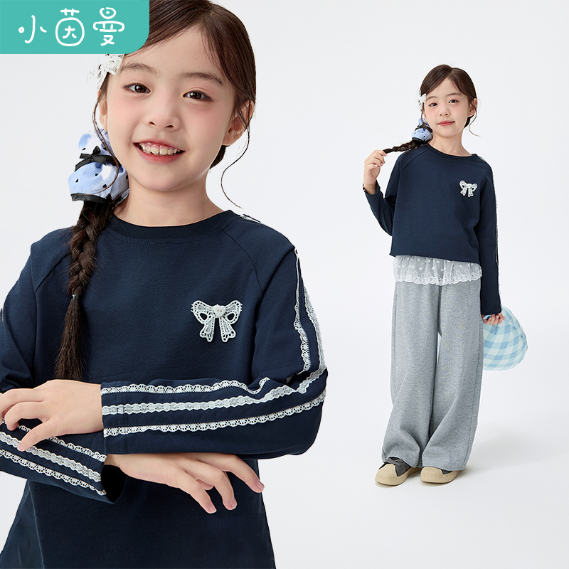 小茵曼女童纯棉长袖t恤蝴蝶结25秋季儿童中大童打底上衣GO3853114
