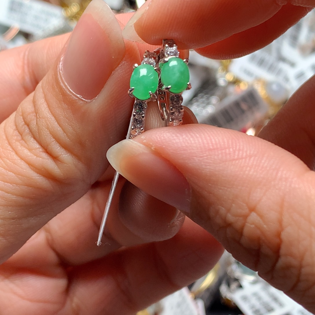 翡翠戒指银S925镶嵌天然翡翠耳饰