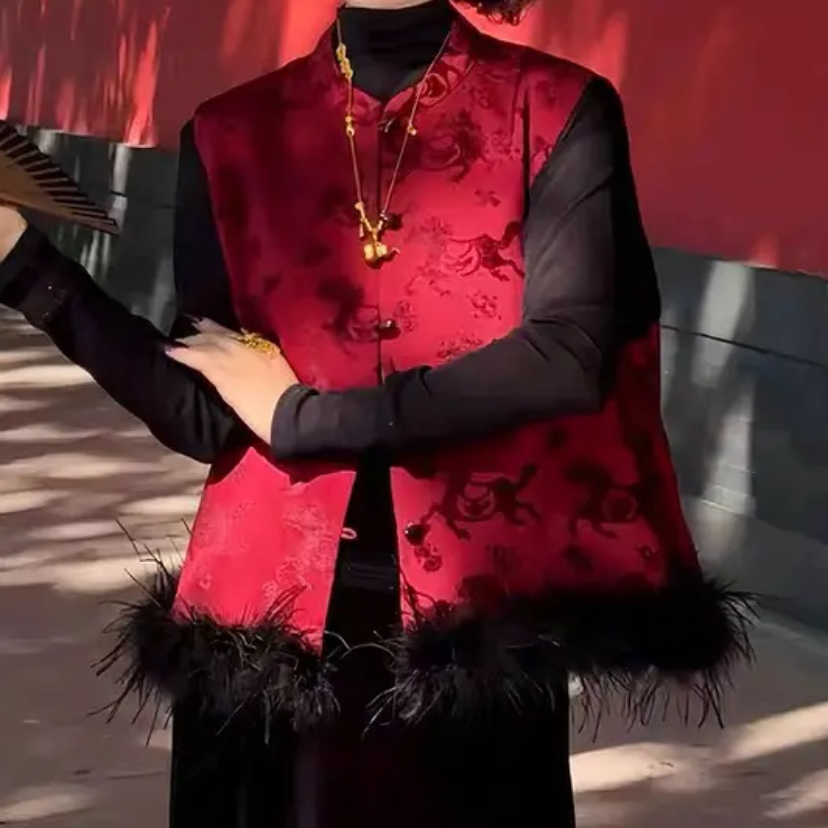 【苏杭版】新中式立领拼接陀毛红色马甲背心秋冬新款提花中国风上衣