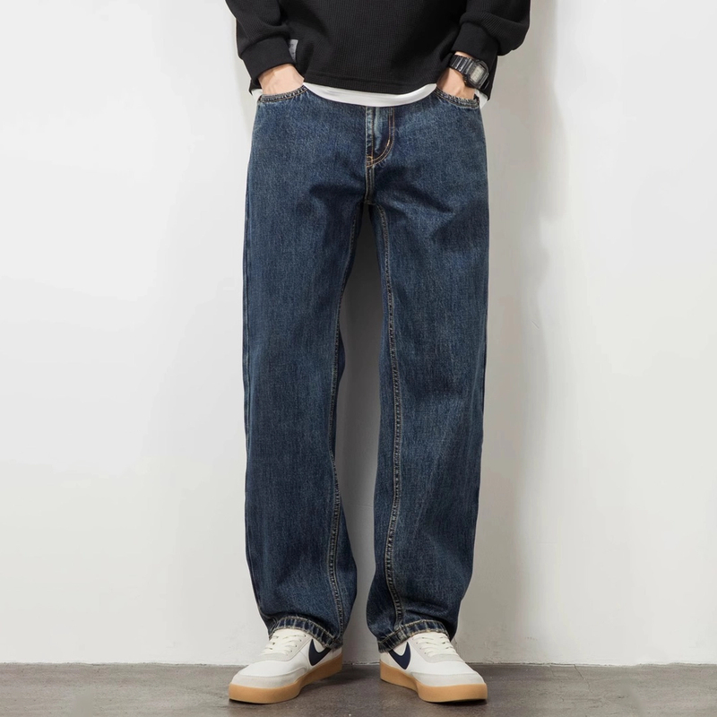 原色水洗大码牛仔裤男直筒宽松美式复古裤子潮牌休闲痞帅加肥加大