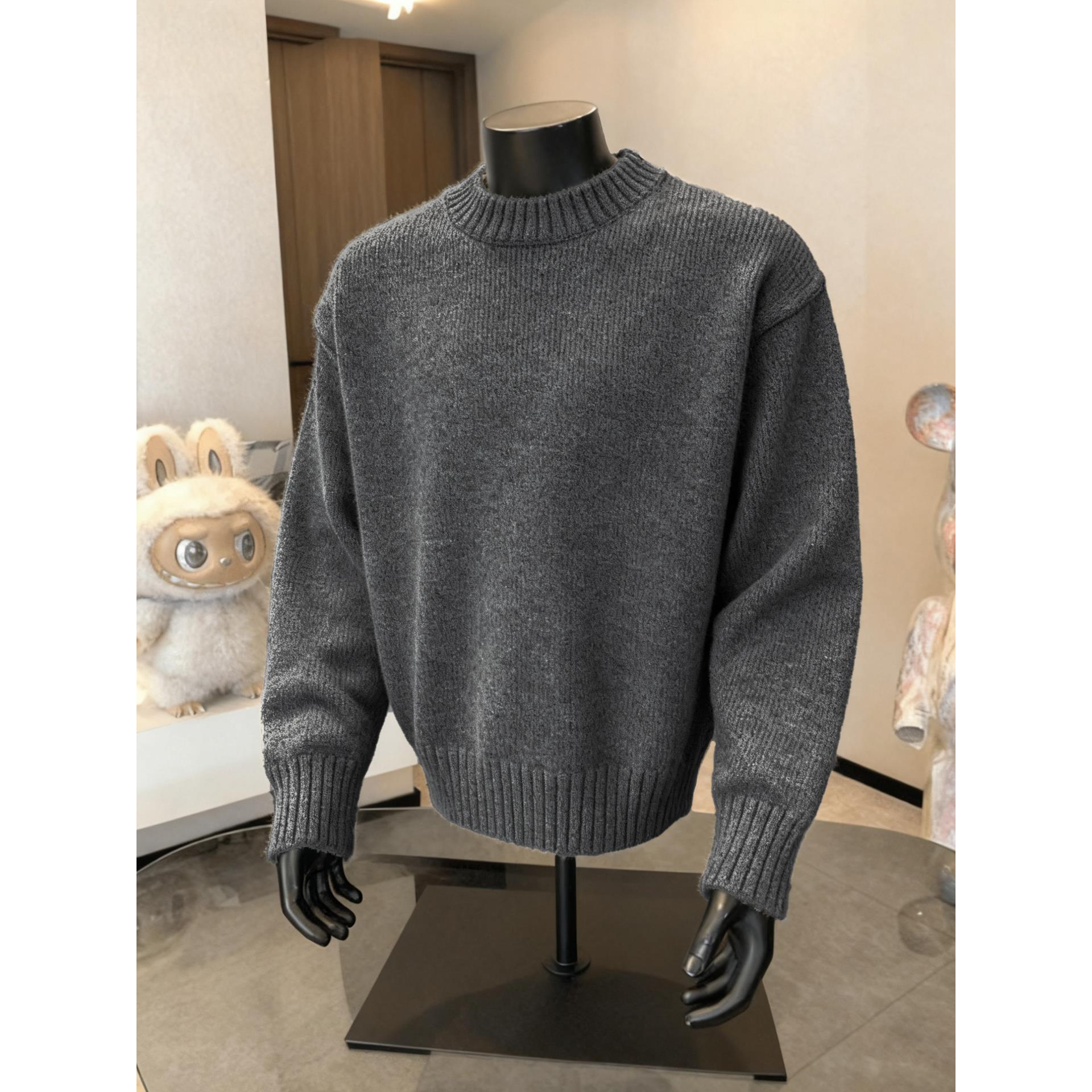 深灰色圆领毛衣男款秋冬季加厚美式慵懒针织衫重磅内搭打底毛线衣