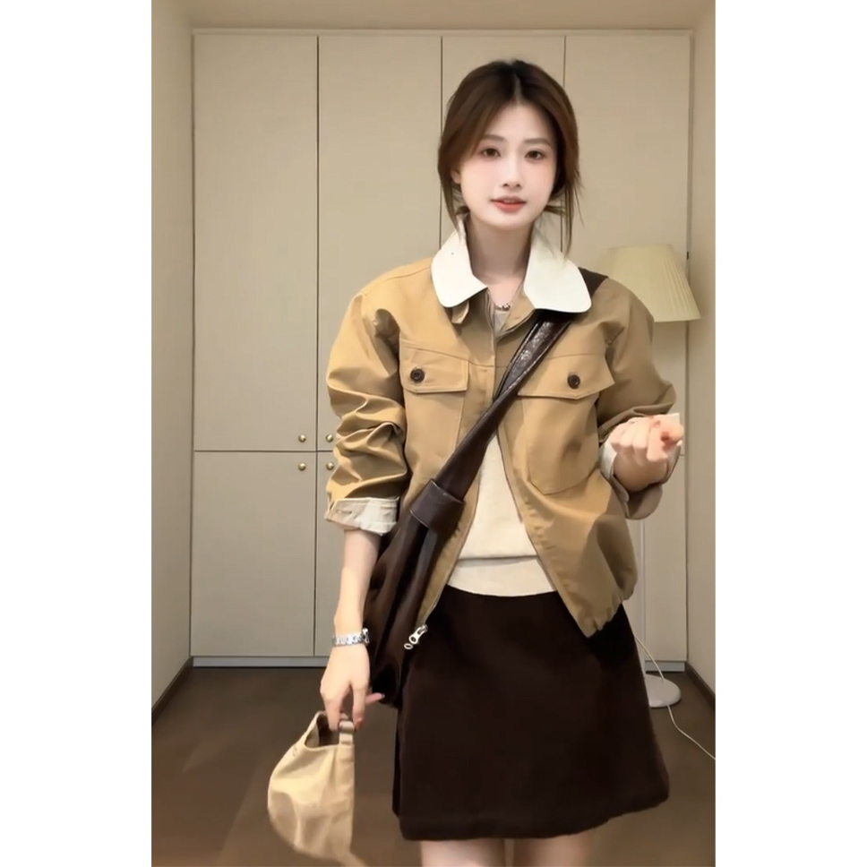 韩版复古撞色翻领工装短外套女2025秋季新款美式宽松小众夹克上衣