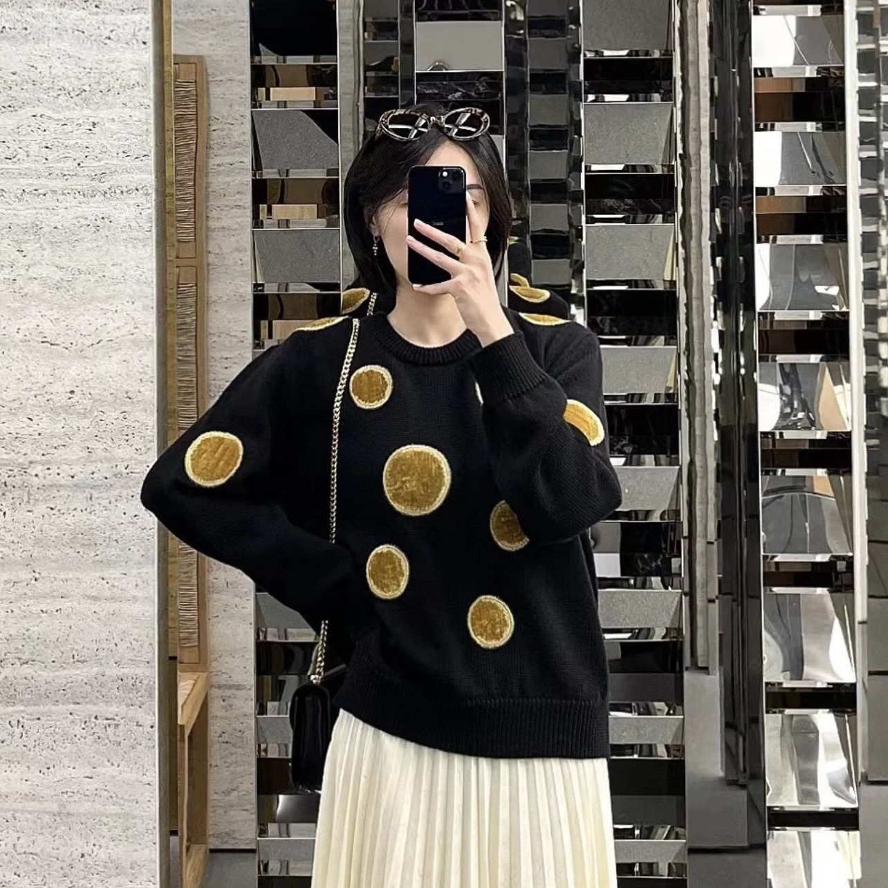 99新 Celine/思琳 ww69 FW23波点拼色印花圆领长袖毛衣 s码 羊毛