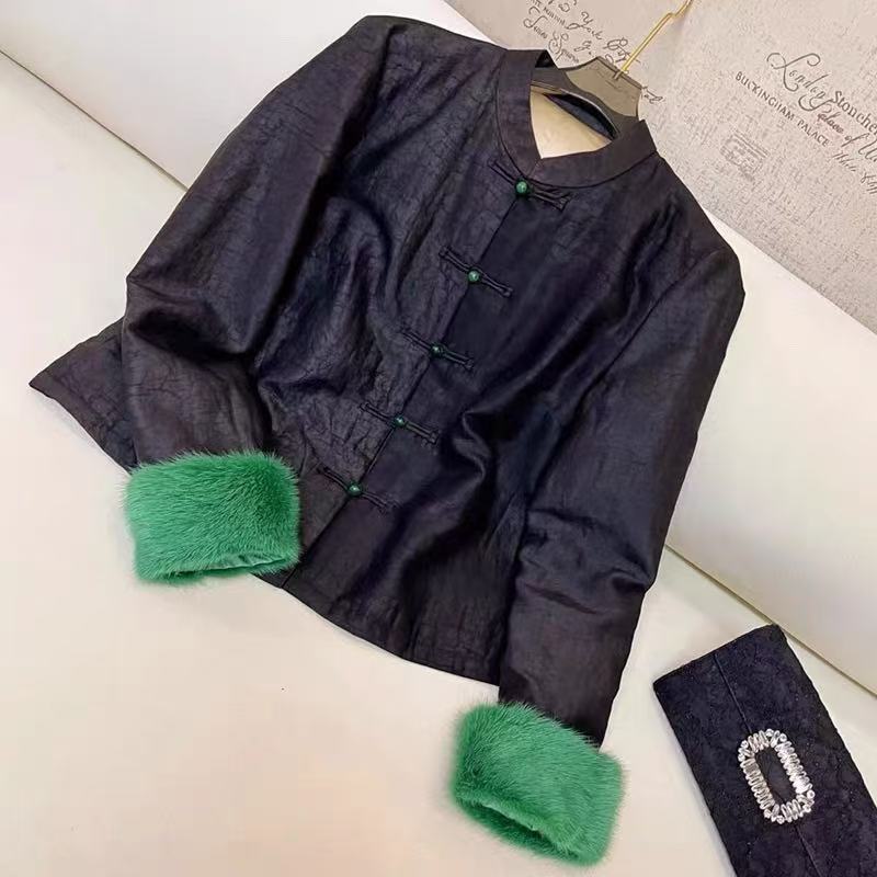 秋冬真丝香云纱棉服复古时尚盘扣水貂袖真丝夹棉棉衣