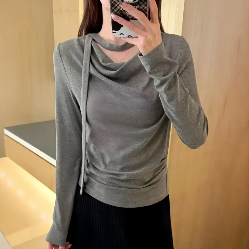 气质荡领飘带甜美时尚2025早秋新款长袖T恤纯色显瘦打底内搭上衣