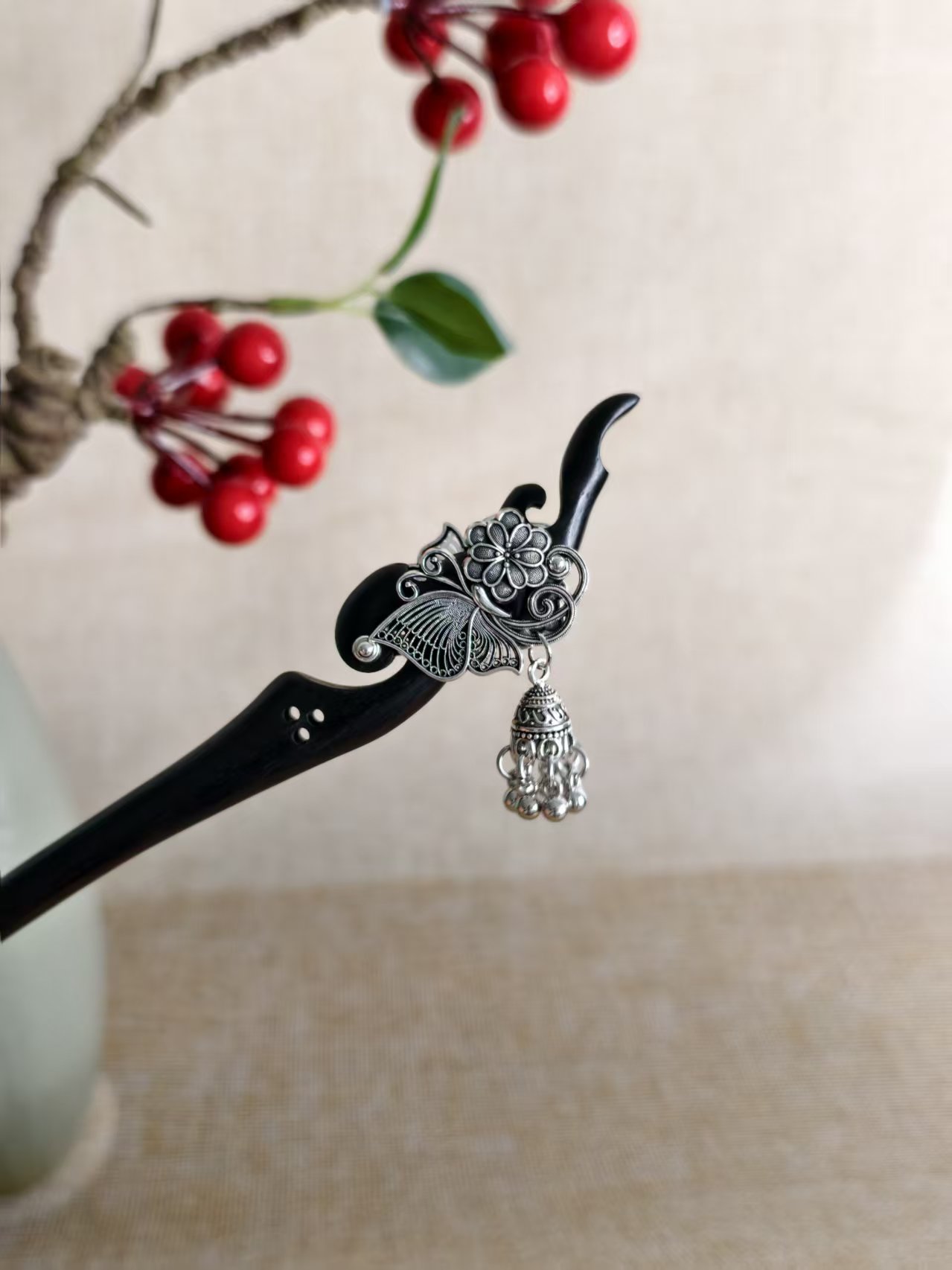 黑檀木步摇18公分古银蝴蝶铃铛民族风发簪国风旗袍中国风复古宫廷