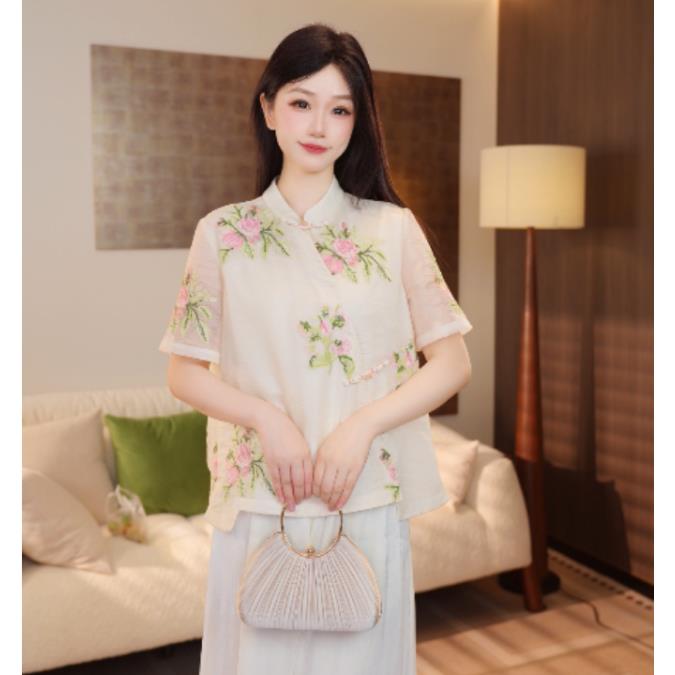 【‌芙蓉】2025夏季新中式新款斜襟刺绣短袖小衫G8389