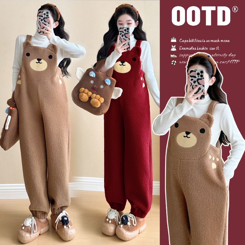 G920#10.21【5D】孕妇秋冬装加绒加厚羊羔绒小熊背带裤+毛衣打底衫