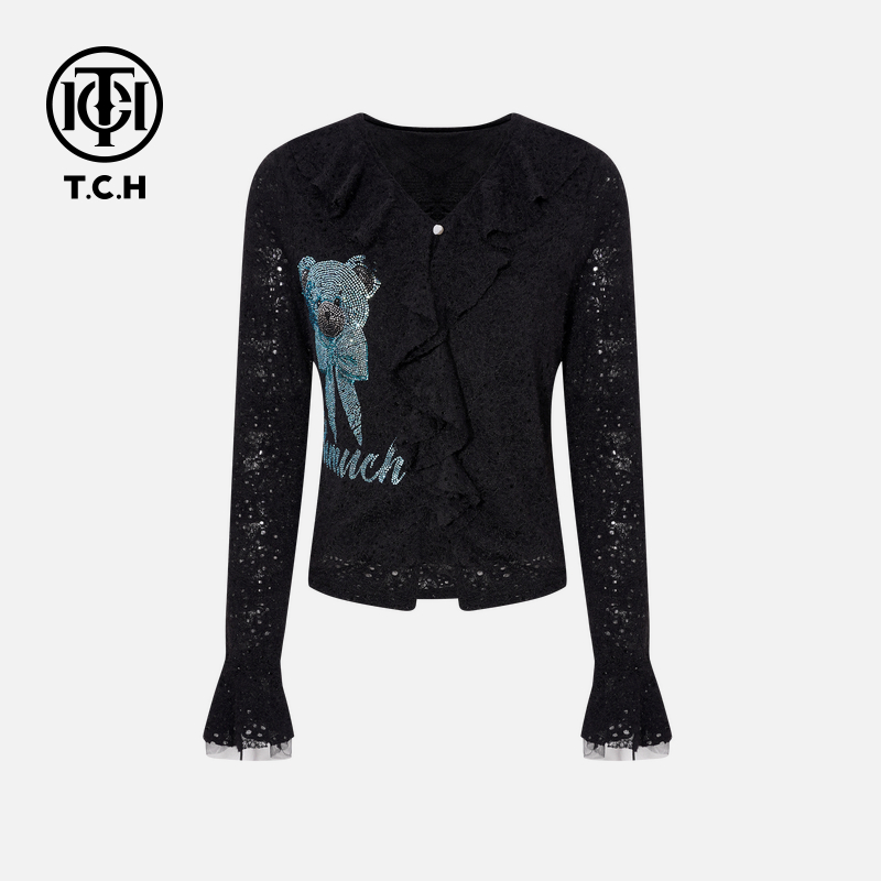 TCH【清冷气质】冬款保暖百搭时尚烫钻女装黑色打底衫T75D02E5009