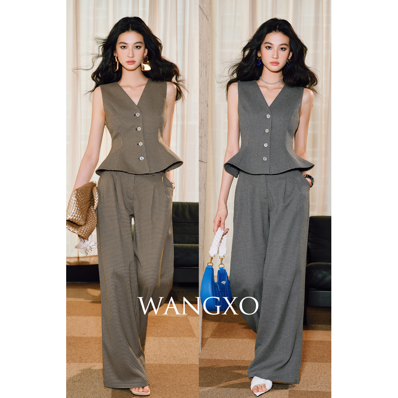 WANGXO V领高级感荷叶摆收腰马甲套装 2401573W/2401573W-1