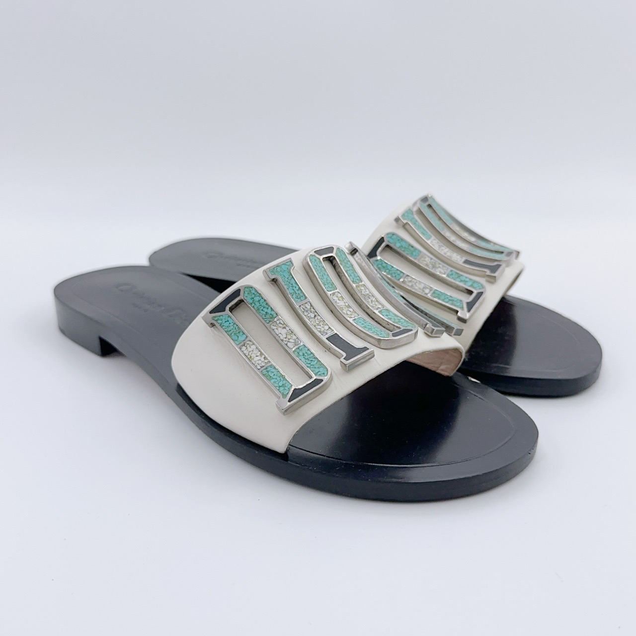 95新 DIOR/迪奥 37码/经典绿松石大标平底拖鞋/YM00688