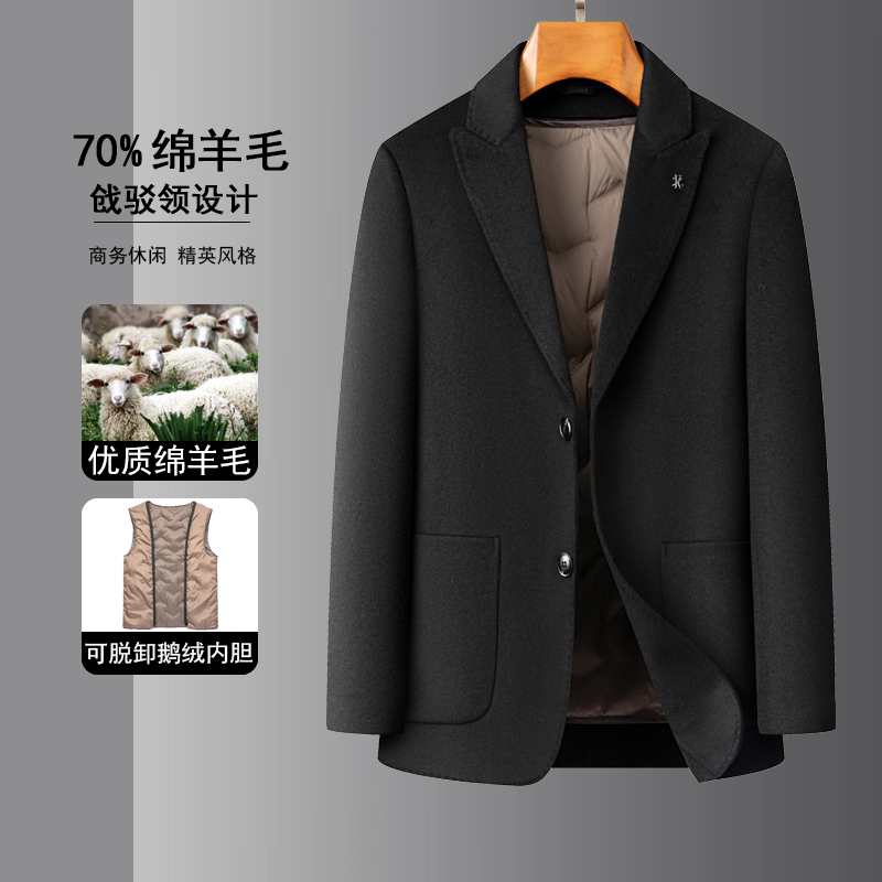 MING LANG【鹅绒胆系列】戗驳领短款双层双面尼防风保暖羊毛大衣