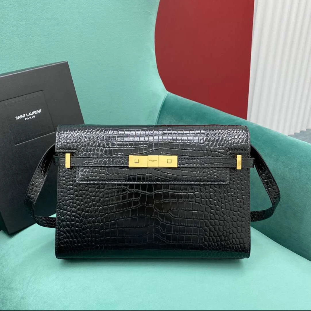 99新 YSL/圣罗兰 林纳奢品丨闲置曼哈顿小号黑金鳄压纹单肩包