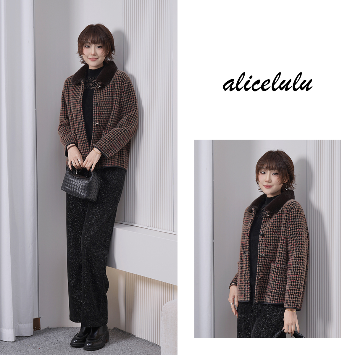 alicelulu‘千鸟情书’保暖毛领锁边时尚外套S2145590Ur